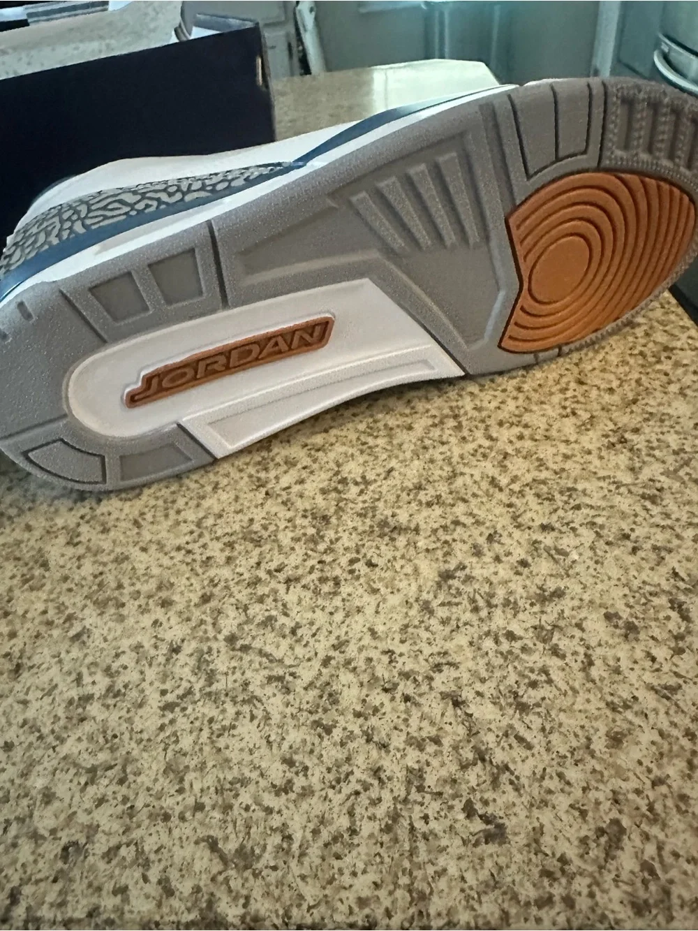 Air Jordan 3 Retro. Men’s White with Blue and Gold Jumpman Sneakers